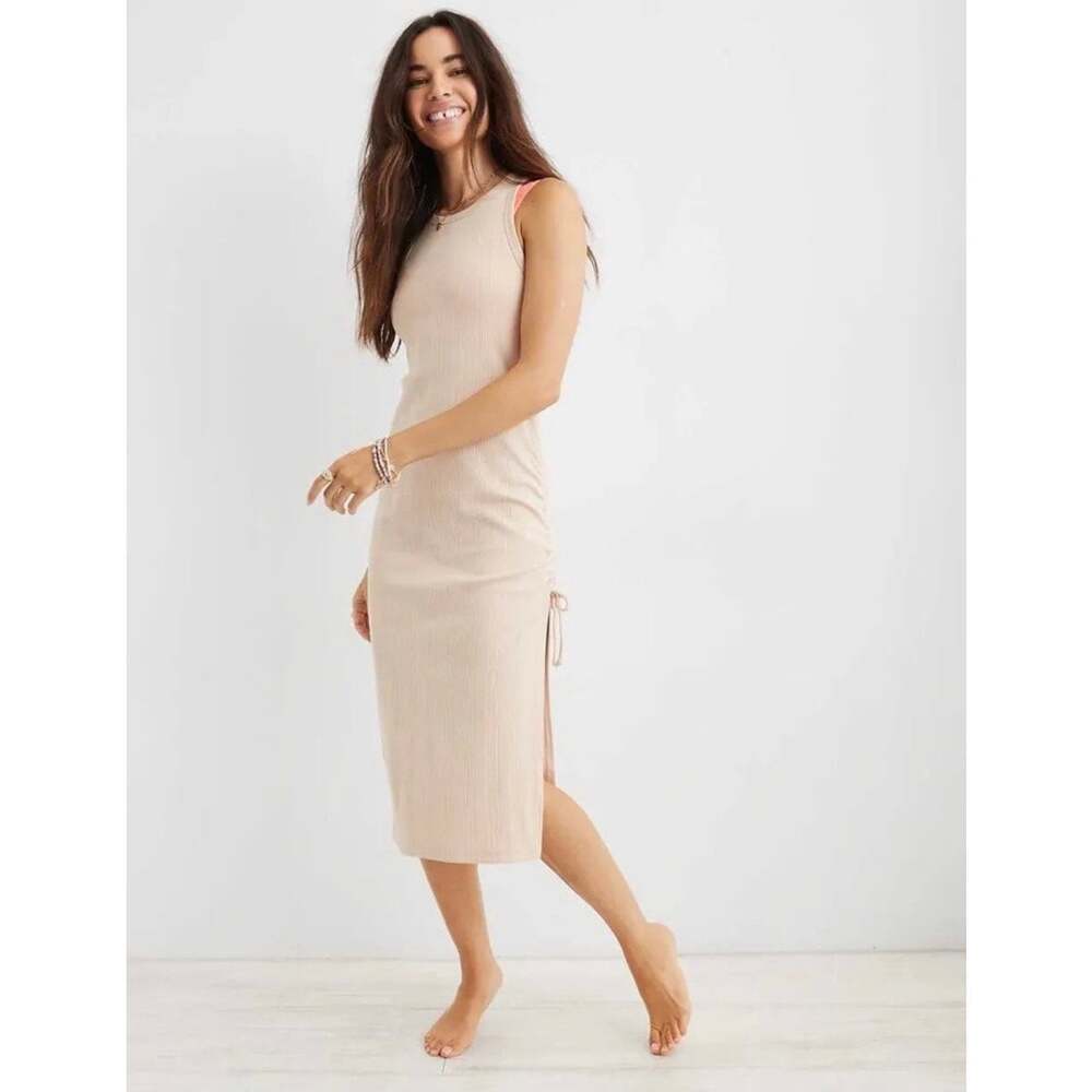 Aerie Ruched Rib Midi Dress Beige Size Small Sleeveless Side Tie EUC